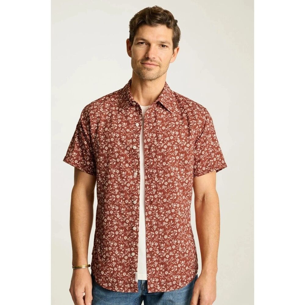 BONOBOS Burgundy seersucker Floral Short Sleeve Shirt Standard Fit M 287096